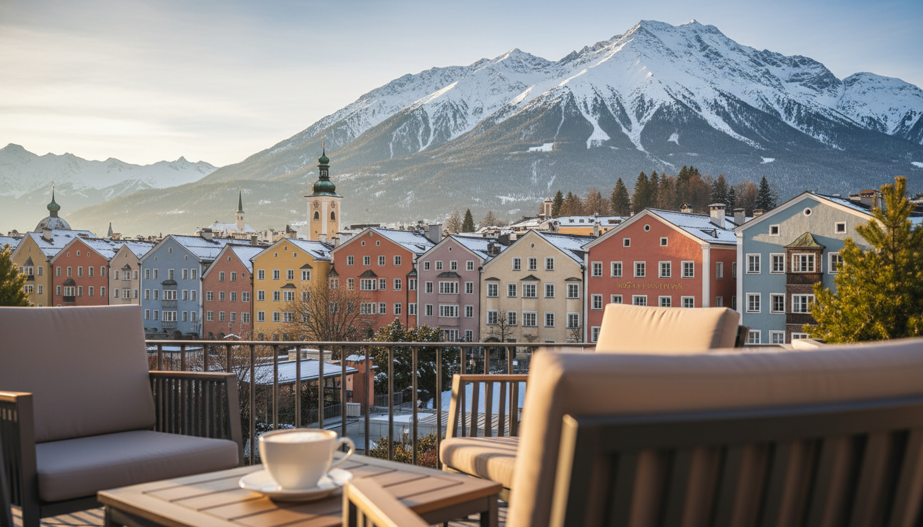 Golden hour view of Innsbrucks colorful Old Town buildings with snow-capped Alps rising dramatically