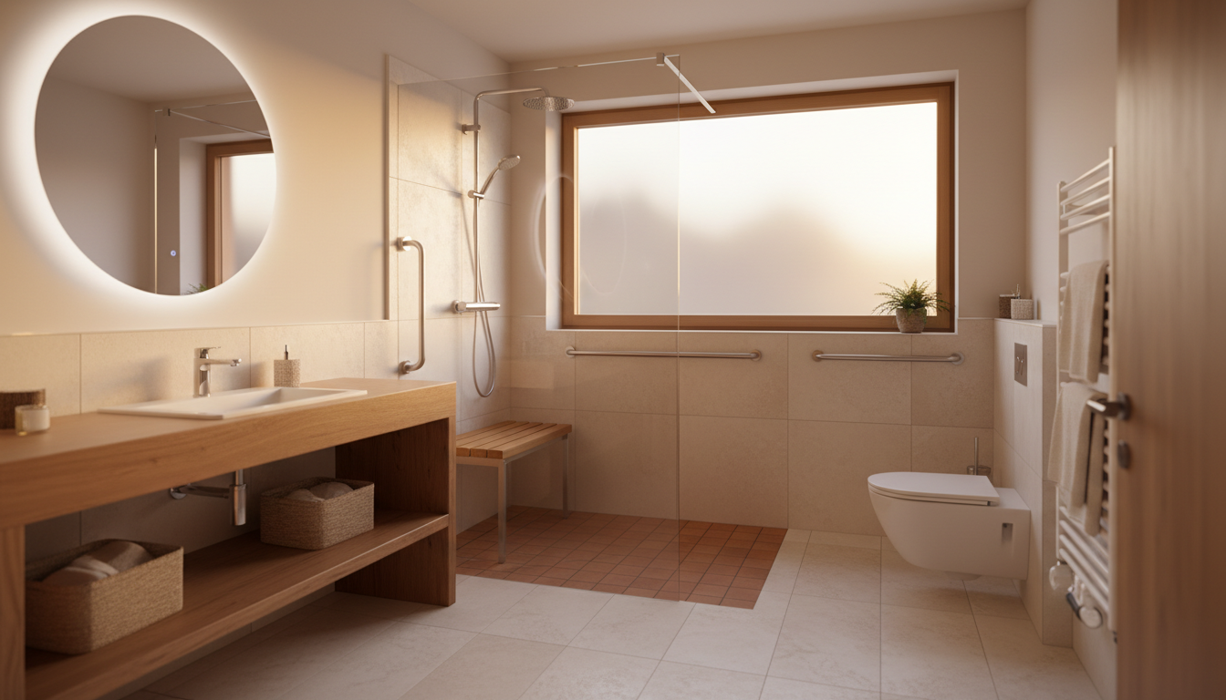 Bright, modern Austrian bathroom with walk-in shower featuring built-in seat, chrome grab bars, non-