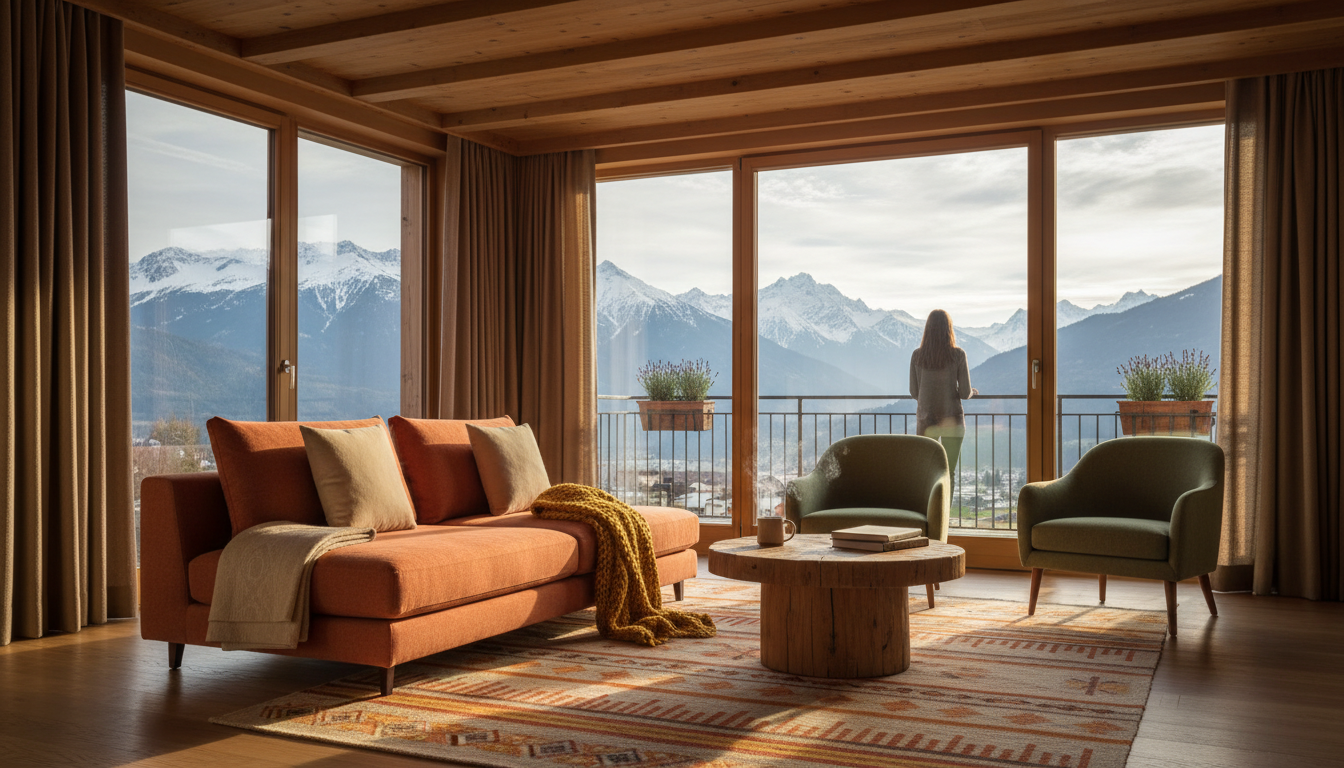 Cozy Austrian living room with large windows overlooking mountains, comfortable low-seated sofa with