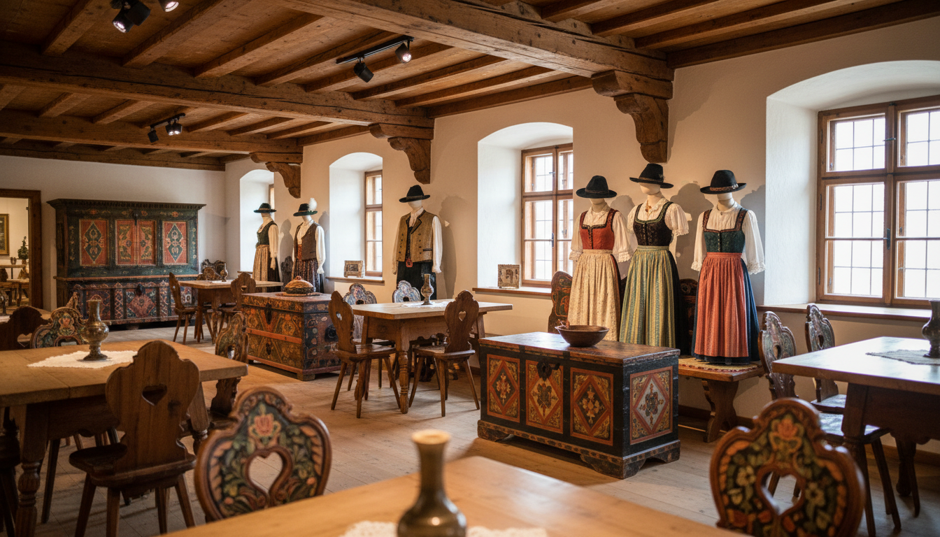 Interior of Tyrolean Folk Art Museum showing traditional carved wooden furniture, colorful painted c