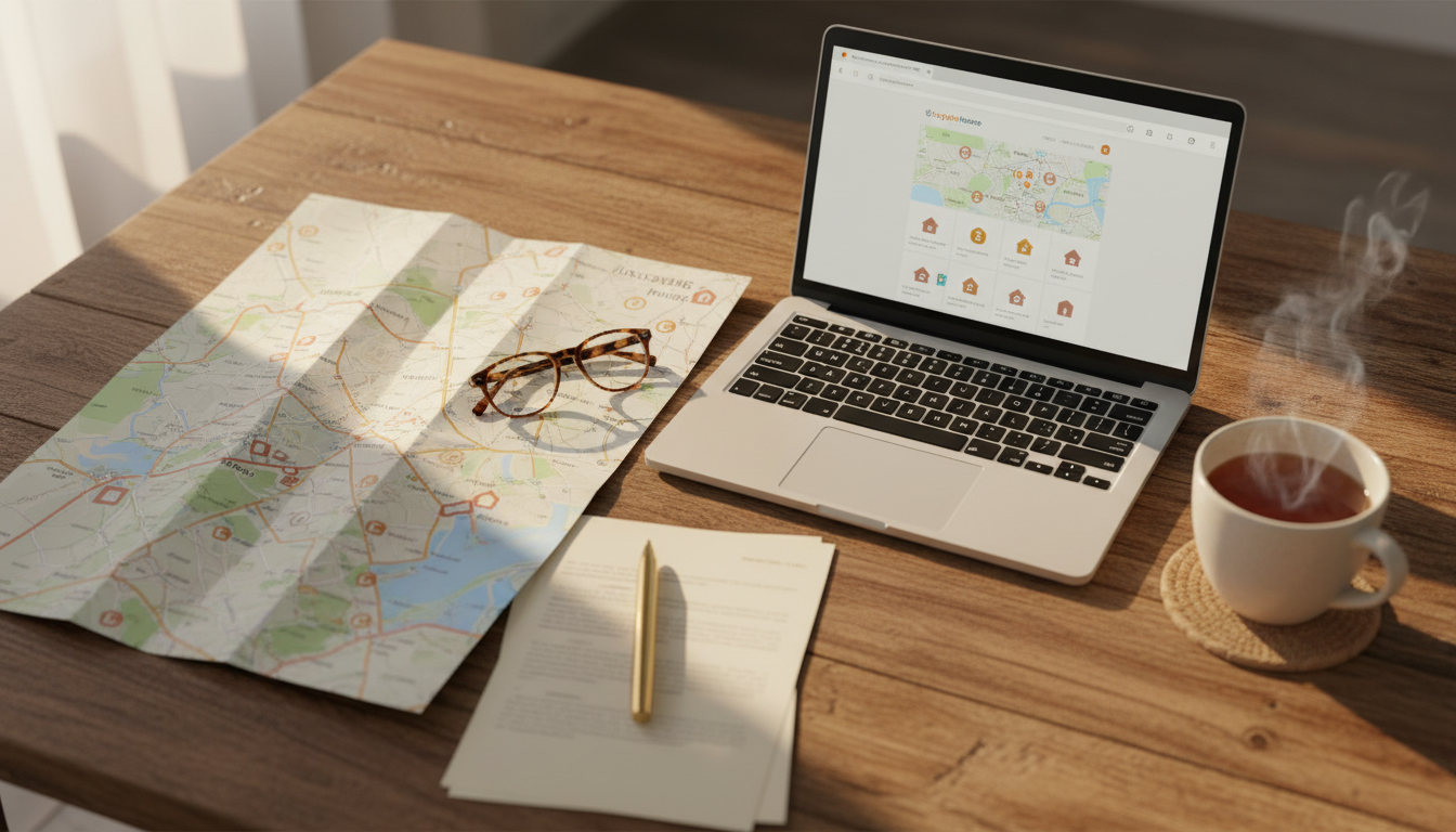 Overhead view of a well-organized travel planning setup laptop showing SwappaHome interface, printed