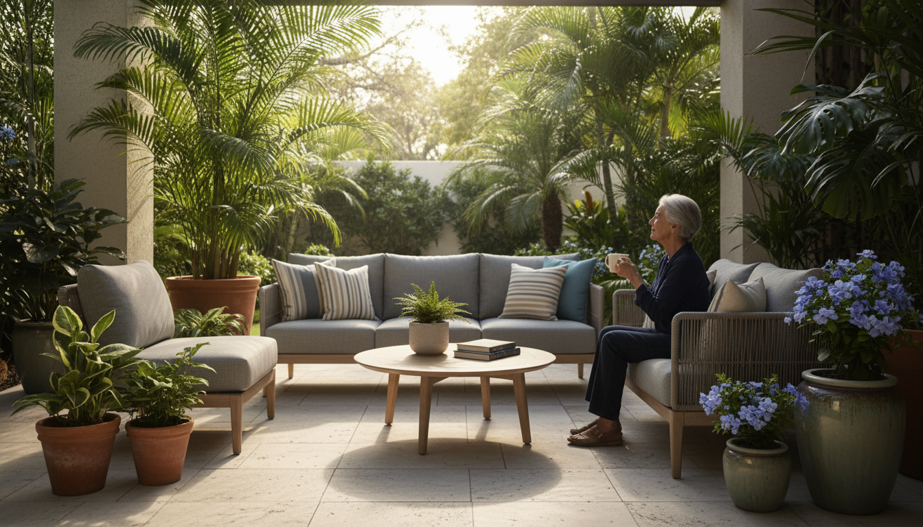 sun-drenched ground-floor condo patio in Coral Gables with comfortable outdoor furniture, tropical p