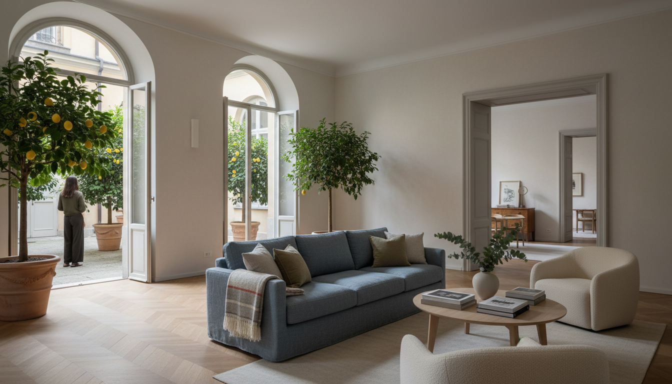 Elegant Milanese apartment interior with wide doorways, natural light streaming through tall windows