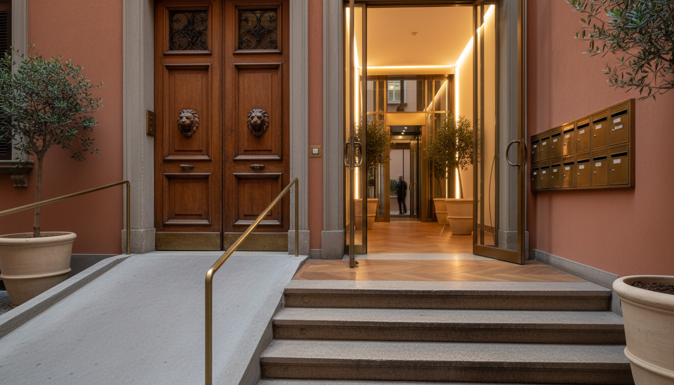 Close-up of a classic Milanese building entrance with a modern accessibility ramp beside traditional
