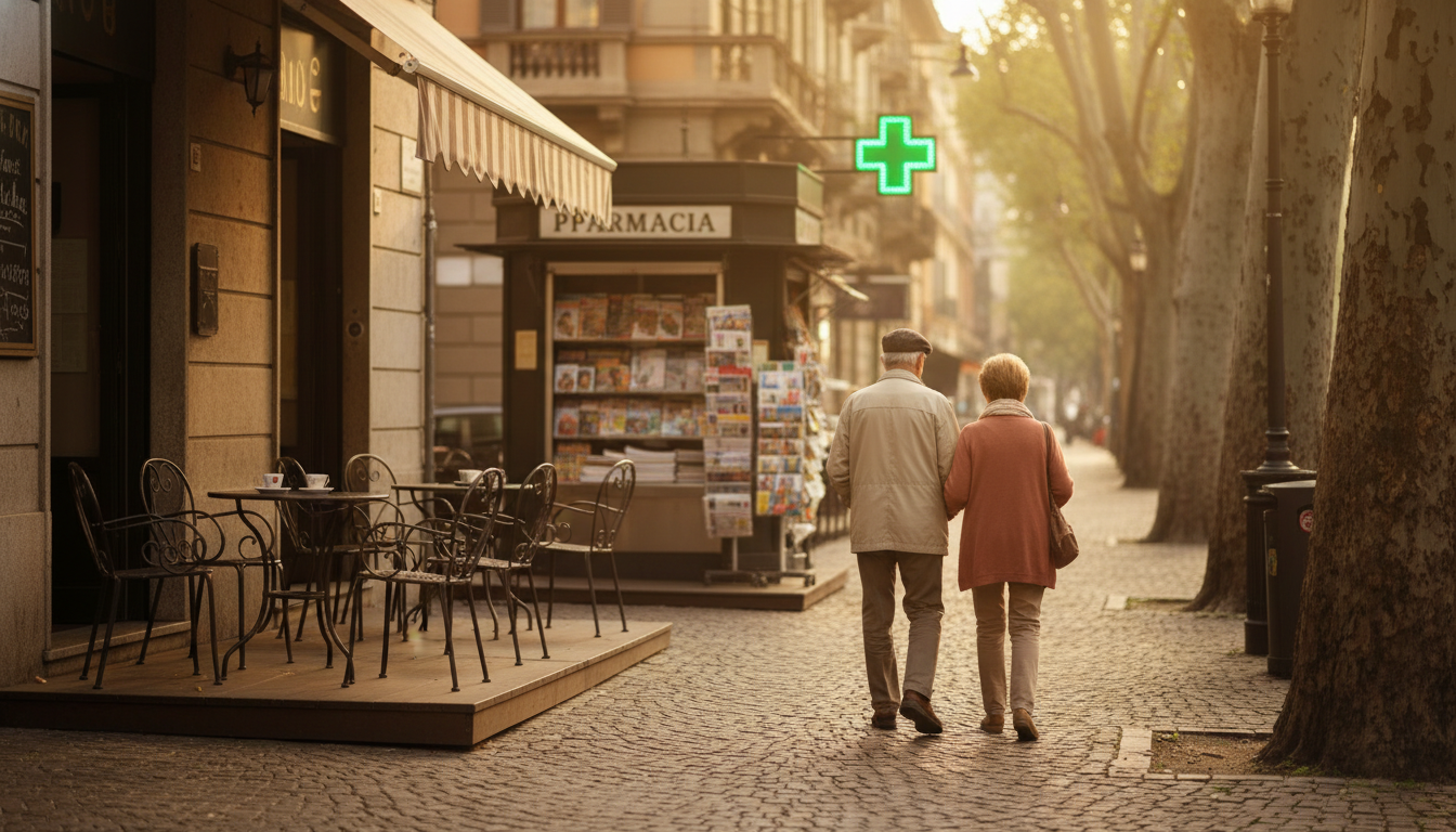 Morning scene in Porta Venezia neighborhood elderly Italian couple walking arm-in-arm past a traditi