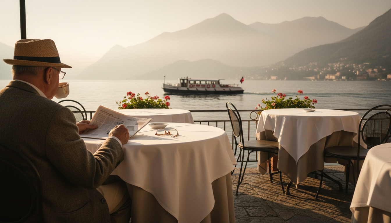 Serene morning on Lake Como, viewed from a lakeside caf terrace with white tablecloths, an elderly t