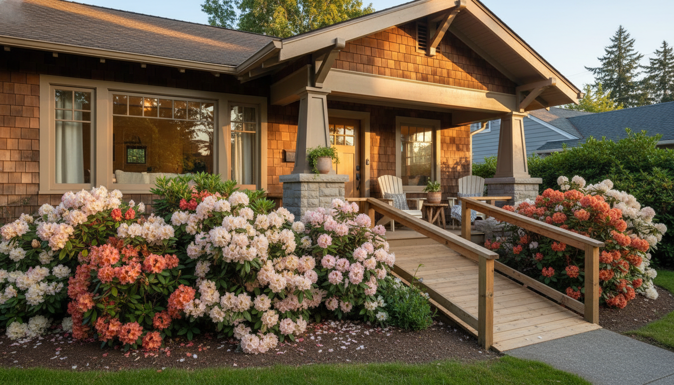 Charming Craftsman bungalow in Portlands Sellwood neighborhood with a gentle ramp entrance, blooming