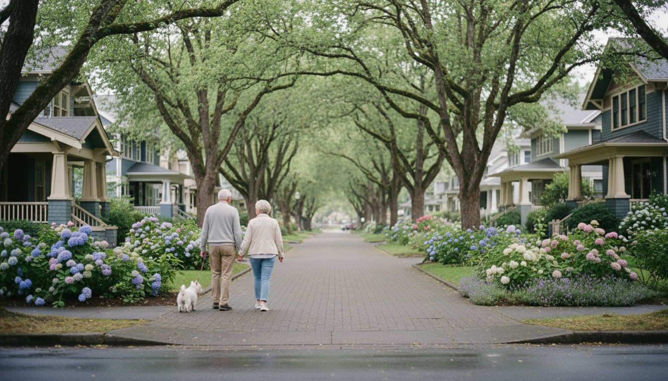 Tree-lined street in Irvington with historic homes, wide sidewalks, and a senior couple walking a sm
