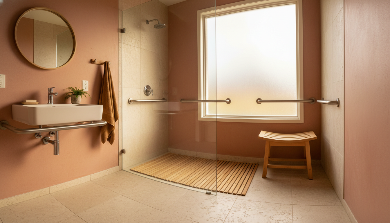 Bright, accessible bathroom with walk-in shower, grab bars, non-slip mat, and a wooden bench seatwar