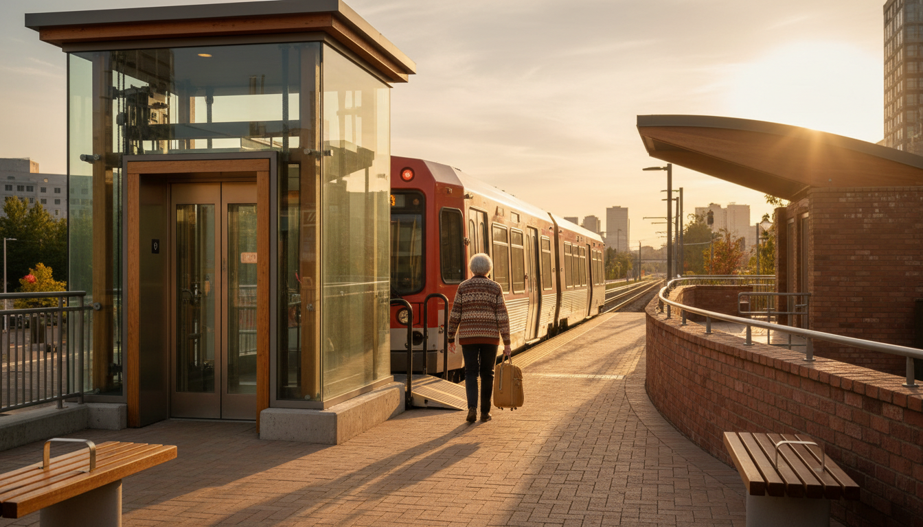 Portland MAX light rail train at a station with visible elevator and ramp access, a senior passenger
