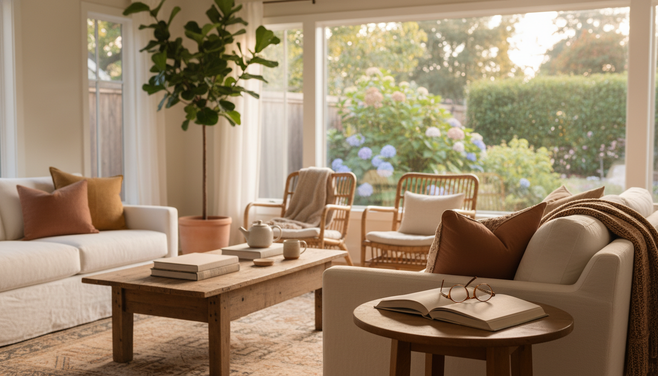 Cozy Portland living room with comfortable seating, good lighting, a view of a garden through large