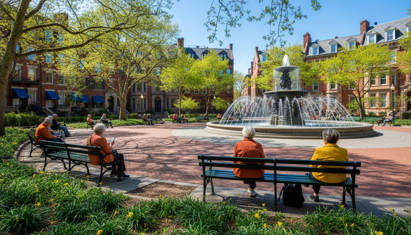 Dupont Circle fountain on a spring afternoon, showing seniors sitting on benches, tree-lined paths,