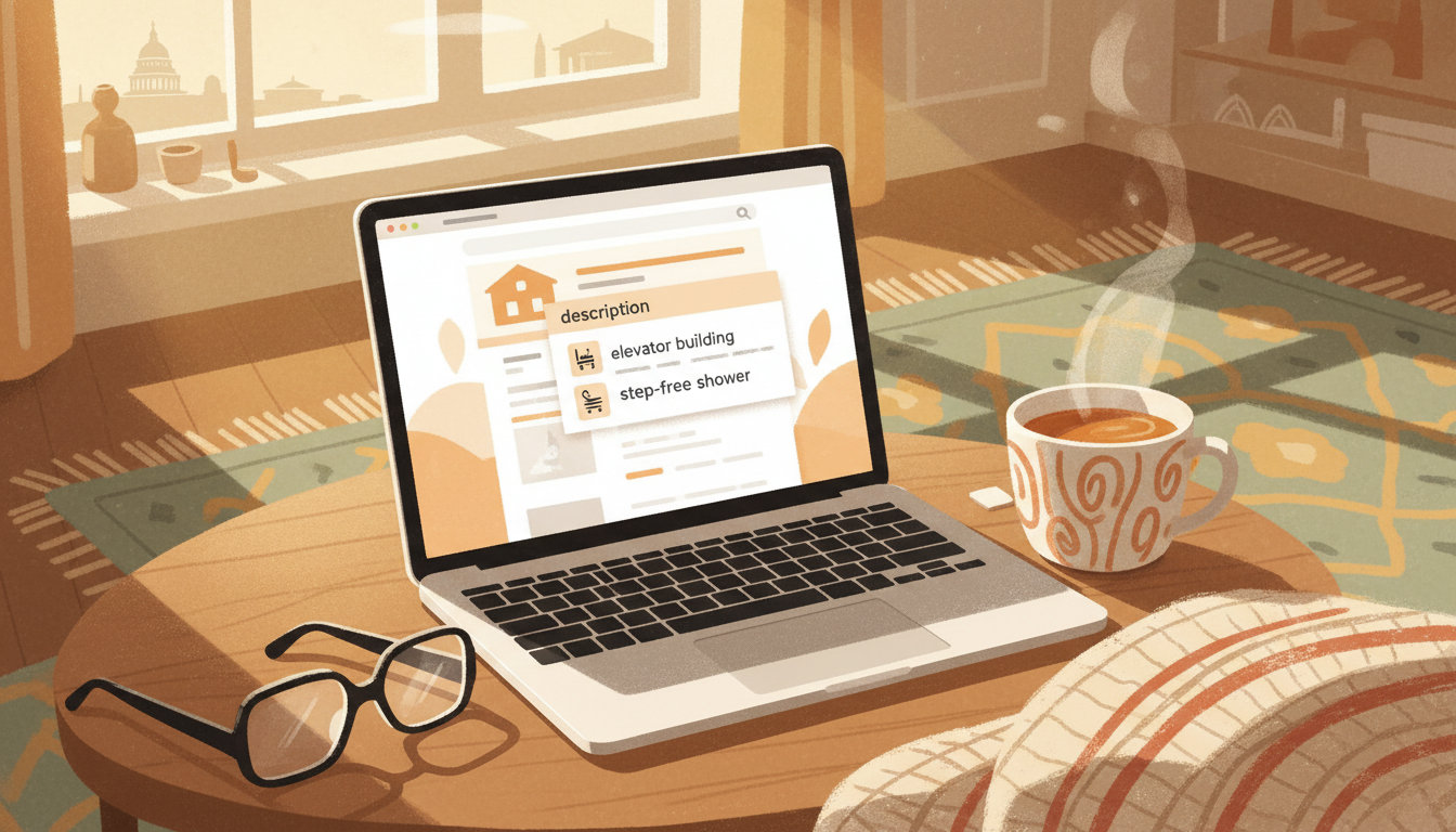 Screenshot-style illustration showing a laptop with a home listing page, highlighting accessibility