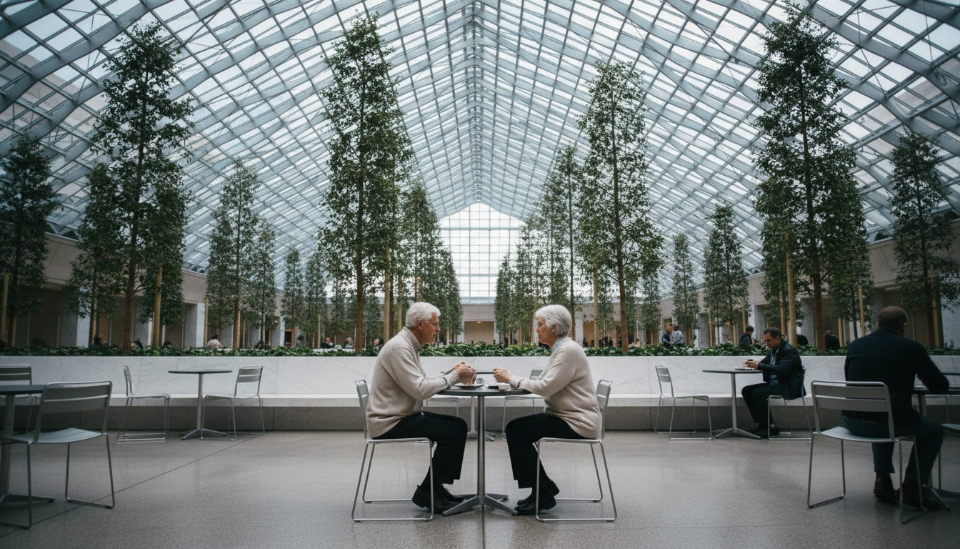 Interior of the National Portrait Gallerys Kogod Courtyard, showing the stunning glass ceiling, indo