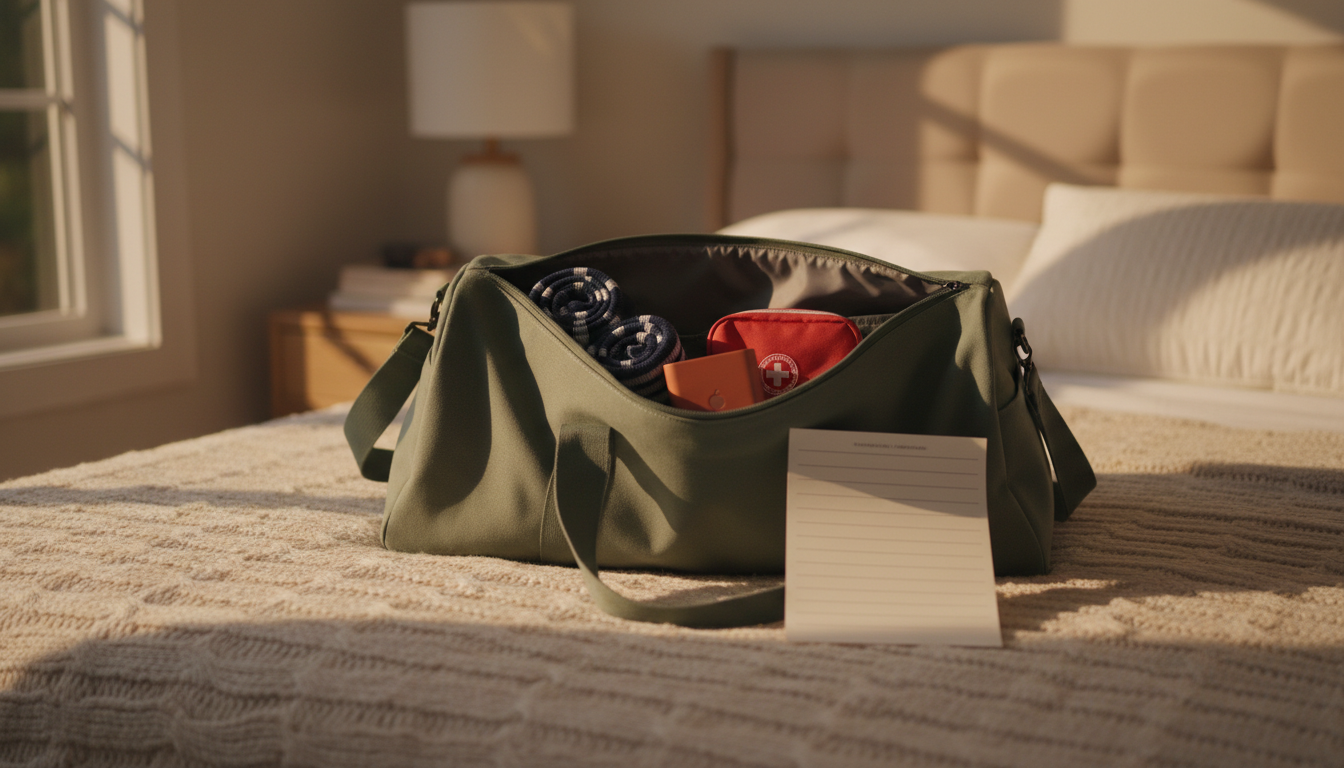 A well-organized travel bag open on a bed, showing compression socks, a small first-aid kit, a porta