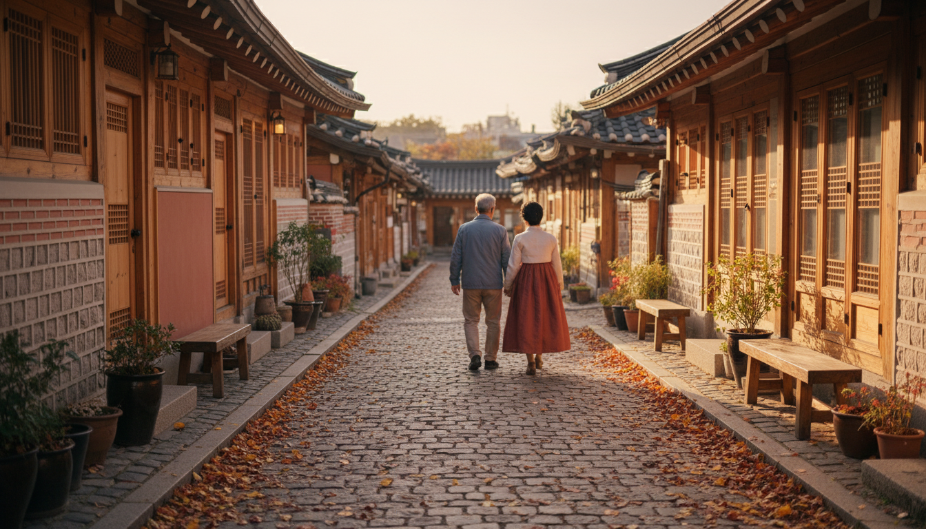 Quiet cobblestone alley in Samcheong-dong with traditional tea houses, elderly Korean couple walking