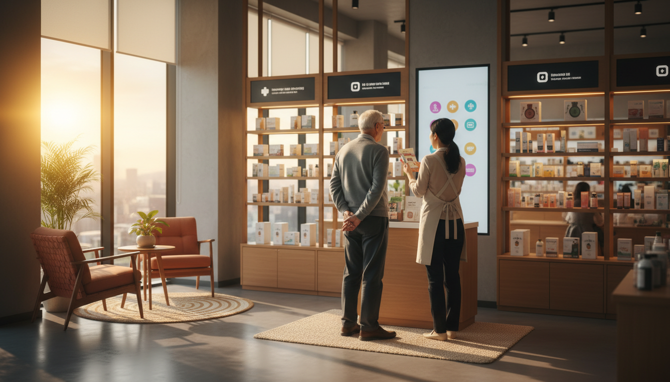 Modern Seoul pharmacy interior with helpful pharmacist assisting elderly Western customer, clear sig
