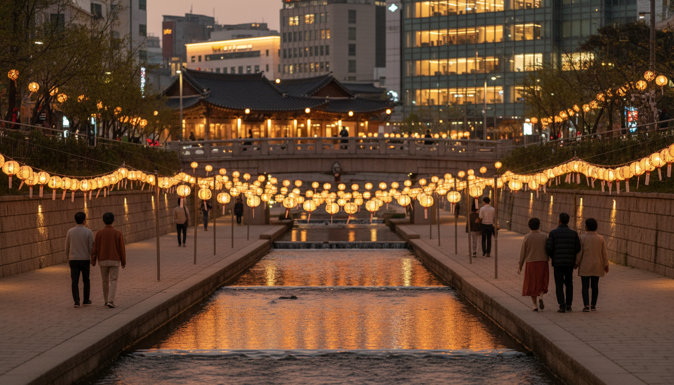 Peaceful evening scene at Cheonggyecheon Stream with soft lantern lighting, elderly couples strollin