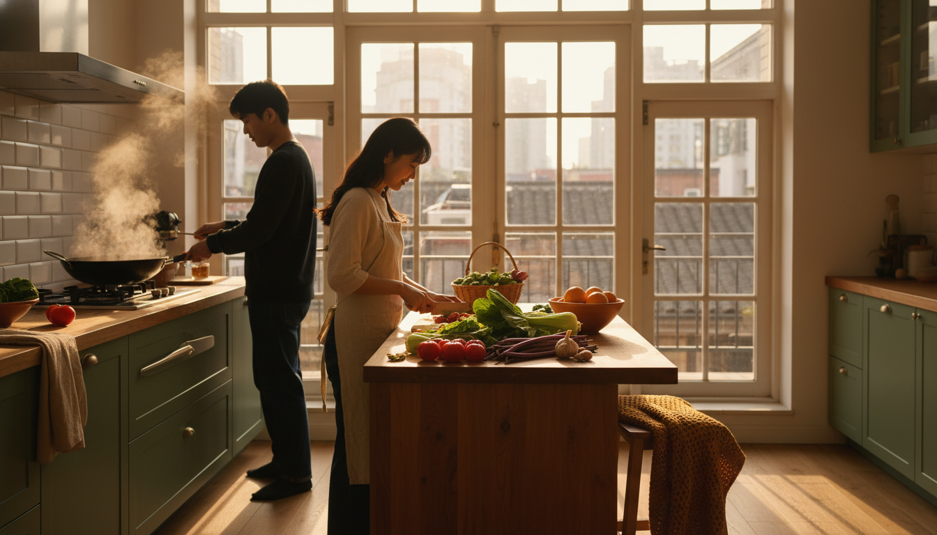 sunlit kitchen in a Shanghai apartment with French windows, couple cooking together, fresh produce f