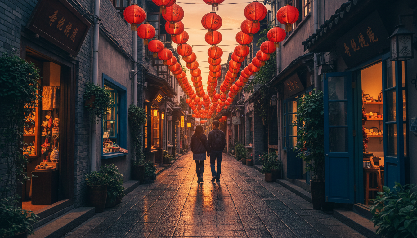 narrow lane in Tianzifang at golden hour, red lanterns strung overhead, couple walking hand-in-hand
