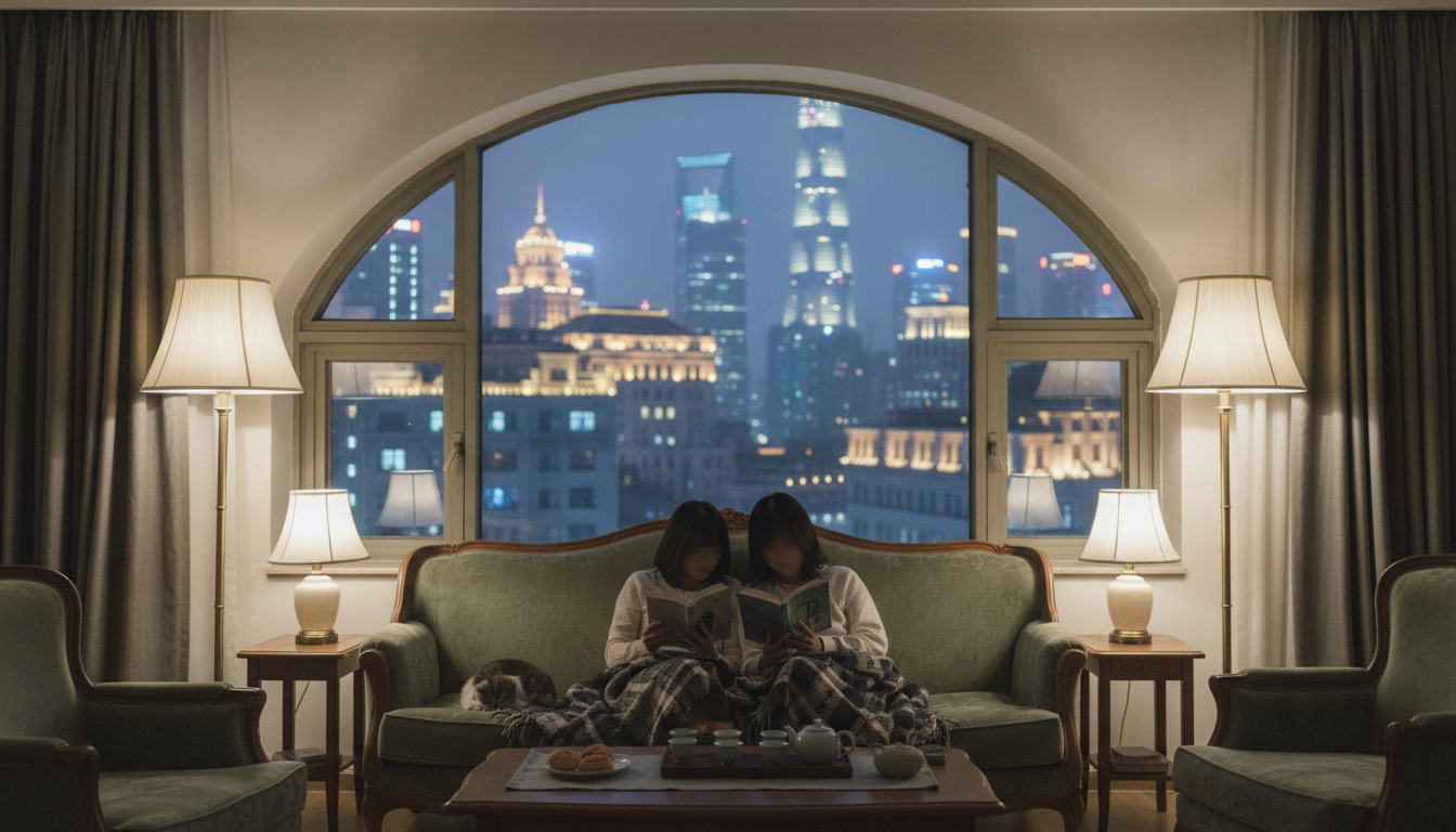 cozy Shanghai apartment interior at night, soft lamp lighting, couple reading together on a vintage