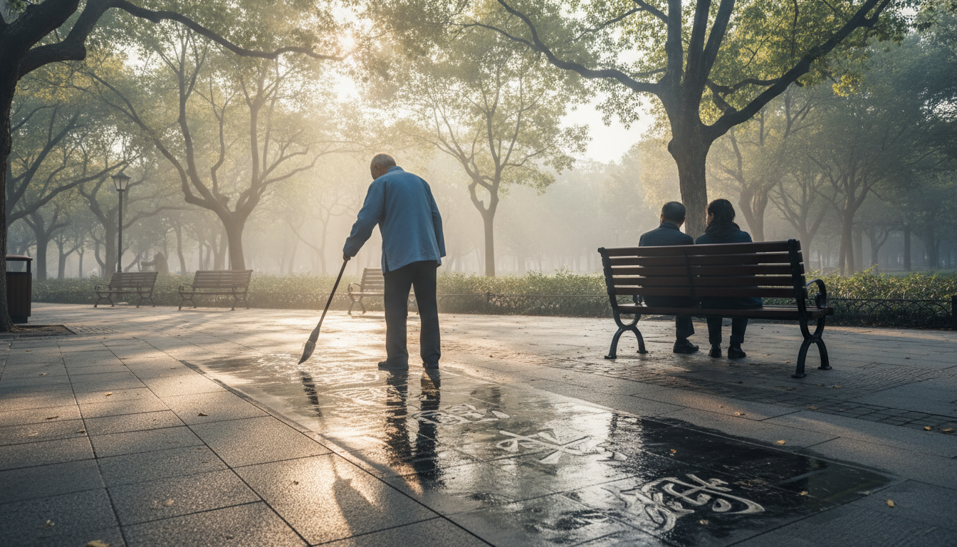 elderly Chinese man practicing water calligraphy in Fuxing Park, Shanghai, morning light filtering t