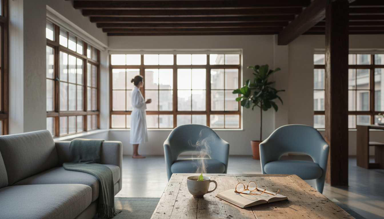 dawn light filtering through the windows of a renovated Shanghai lane house, showing original wooden