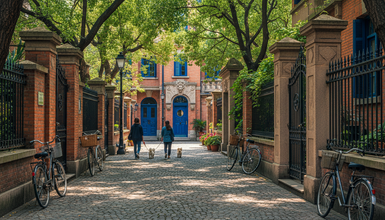 narrow lane in Shanghais Former French Concession, dappled sunlight through plane trees, vintage bic