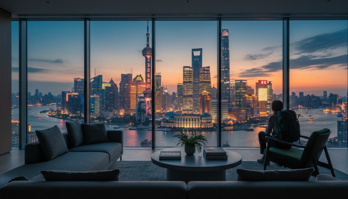 floor-to-ceiling window view from a high-rise Pudong apartment at dusk, Shanghai skyline glittering