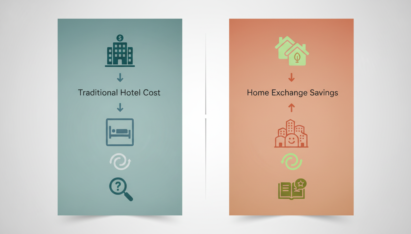split-screen style comparison showing traditional hotel costs vs home exchange savings in Shanghai,