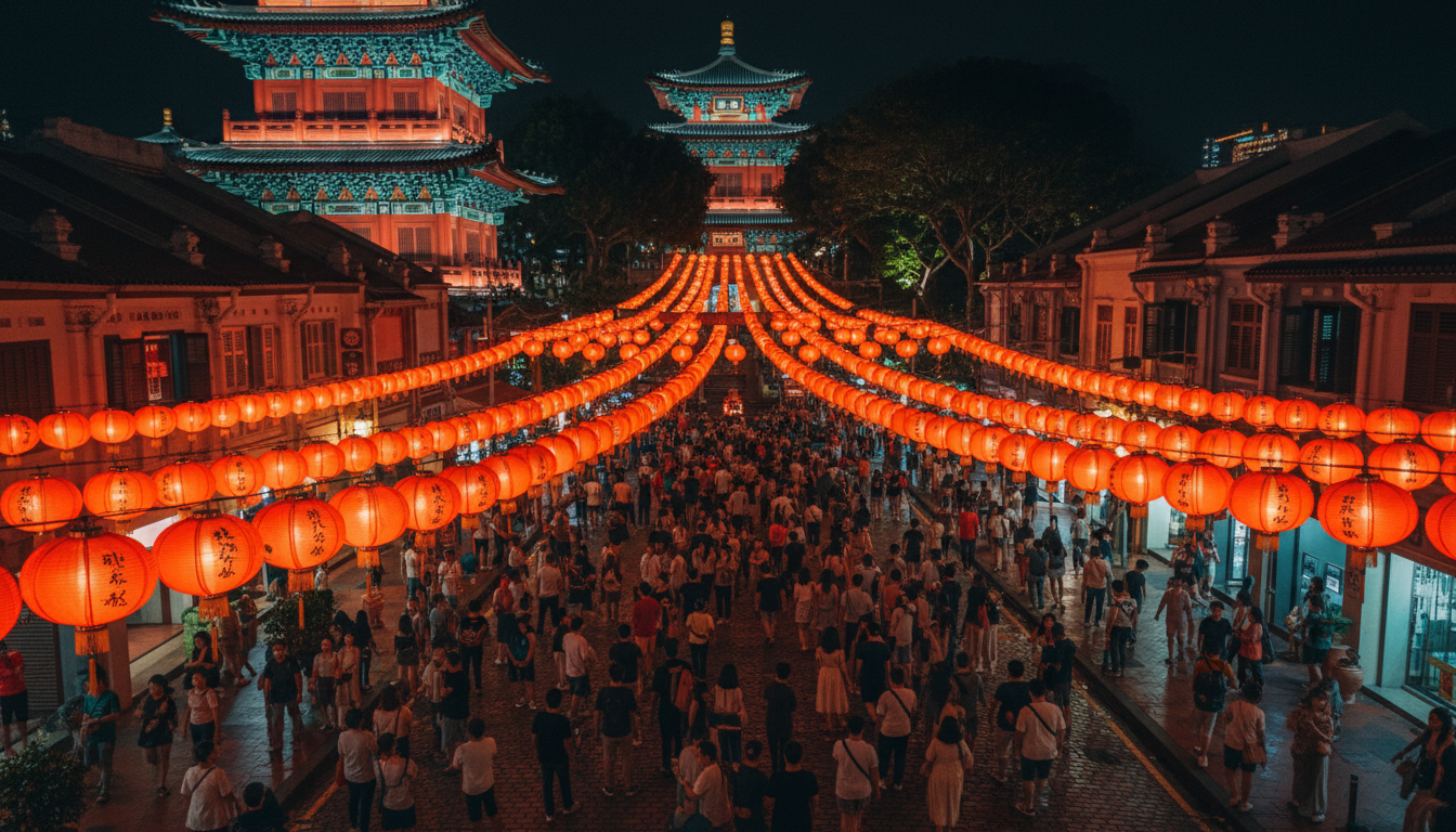Aerial view of Singapores Chinatown district at night during Chinese New Year, with red lanterns str
