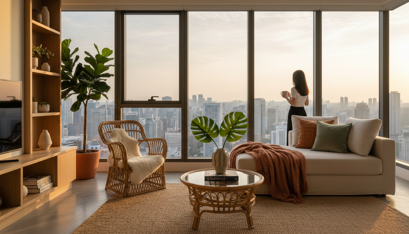 Interior of a modern Singapore HDB flat living room with floor-to-ceiling windows overlooking the ci