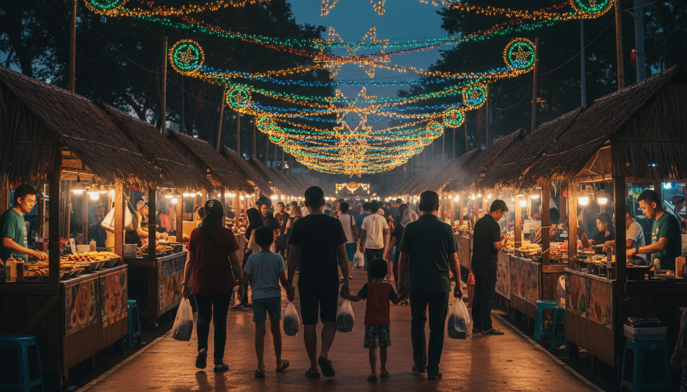 Geylang Serai bazaar during Hari Raya season at dusk, with colorful lights strung overhead, food sta