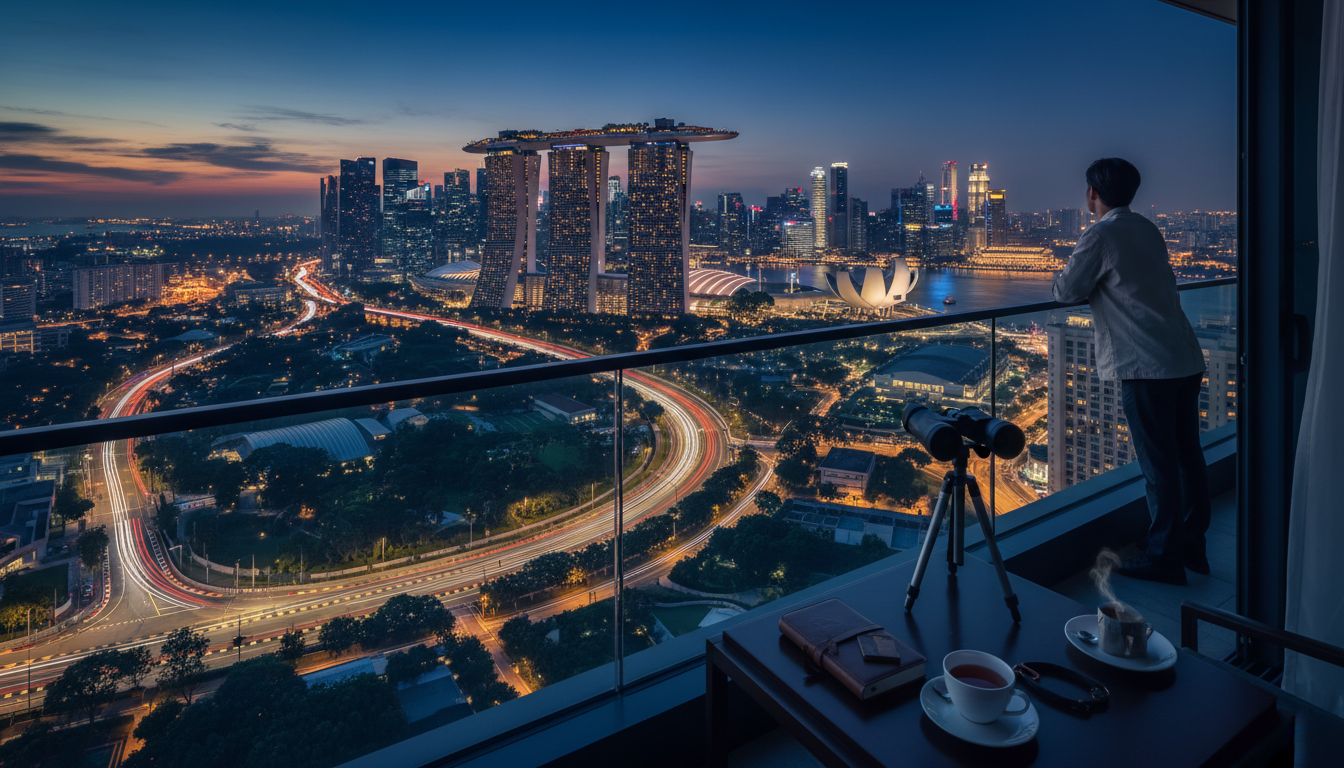 Singapore F1 night race viewed from a high-rise apartment balcony, showing the illuminated street ci