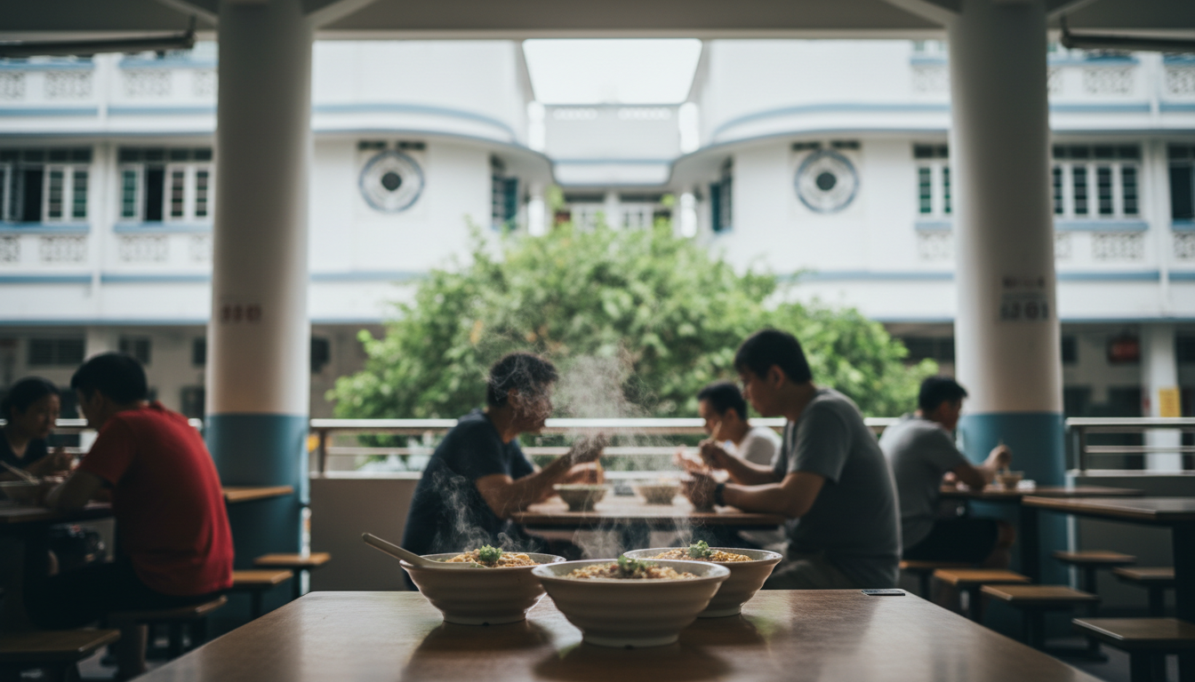 Morning scene at Tiong Bahru hawker center with locals eating breakfast, steam rising from bowls of