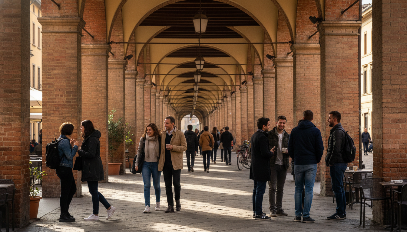 Bolognas famous porticos stretching down a historic street, with people walking and chatting underne