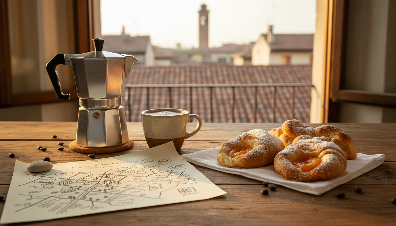 A handwritten note and local map left by a host on a kitchen table, with Italian coffee and fresh pa