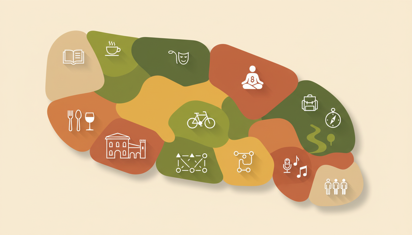Infographic showing a stylized map of Bolognas neighborhoods with brief descriptions of each areas c