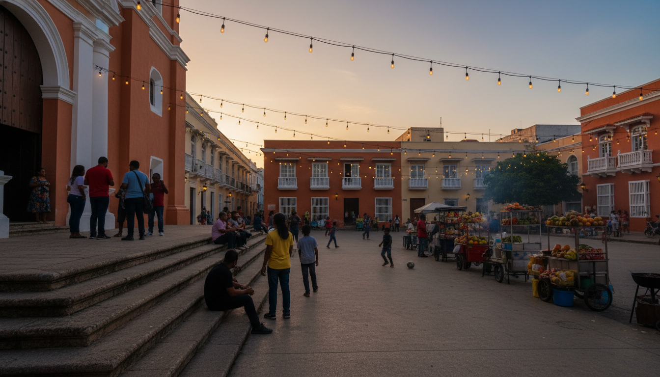 Plaza de la Trinidad in Getseman at dusk, locals sitting on the church steps, children playing, stri