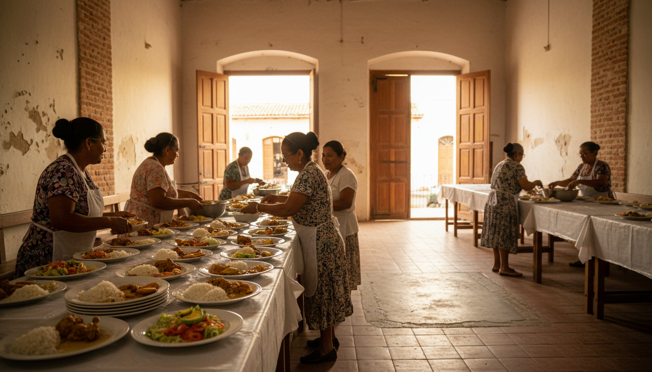 Community lunch at a small church in Getseman, long tables covered in white plastic, plates of tradi