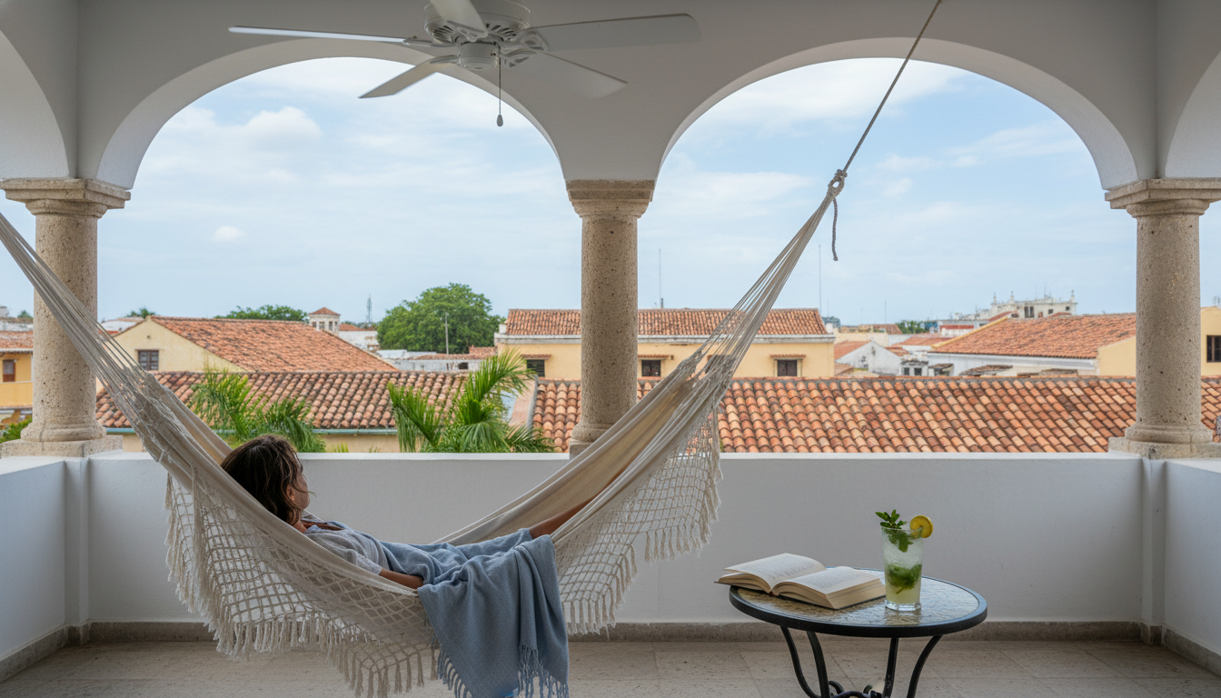 Hammock on a shaded balcony in Cartagena during siesta time, ceiling fan spinning, glimpse of coloni