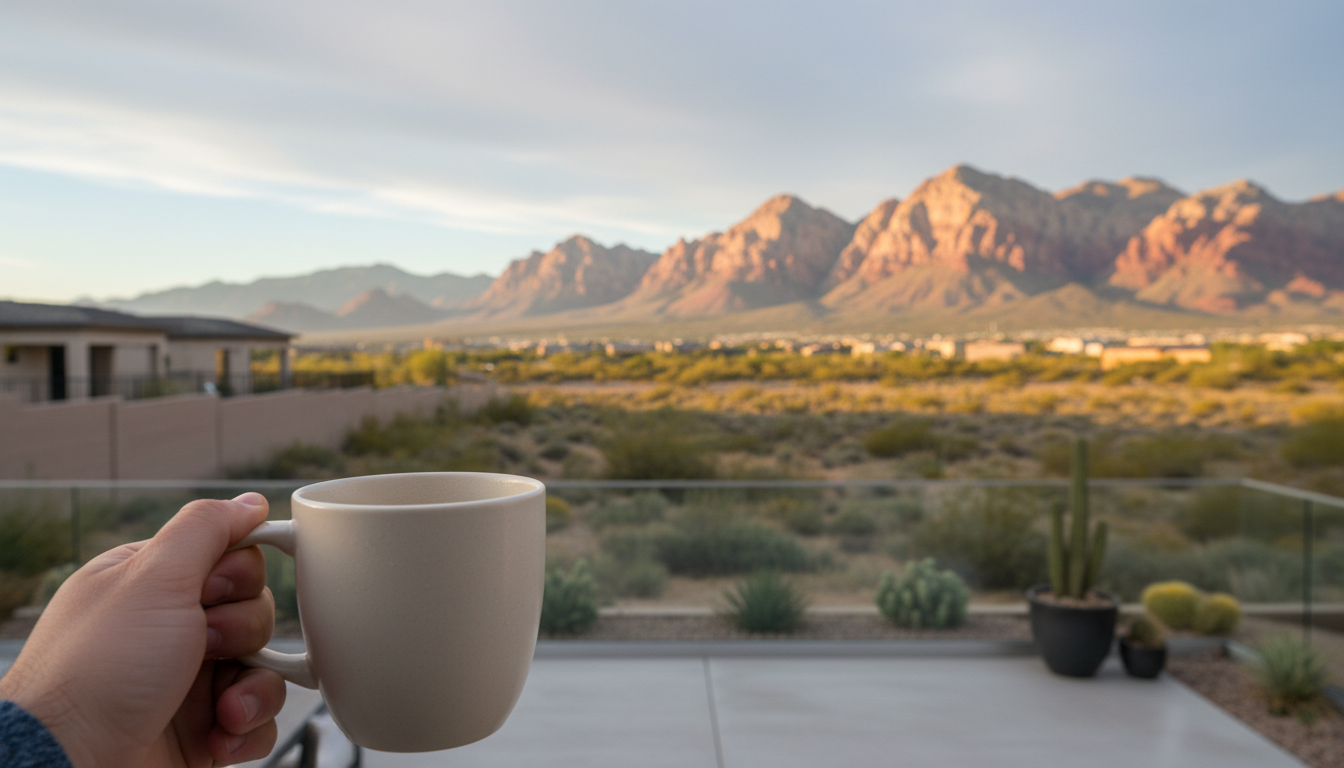 Early morning view of Red Rock Canyon from a suburban Las Vegas backyard, coffee mug in foreground,