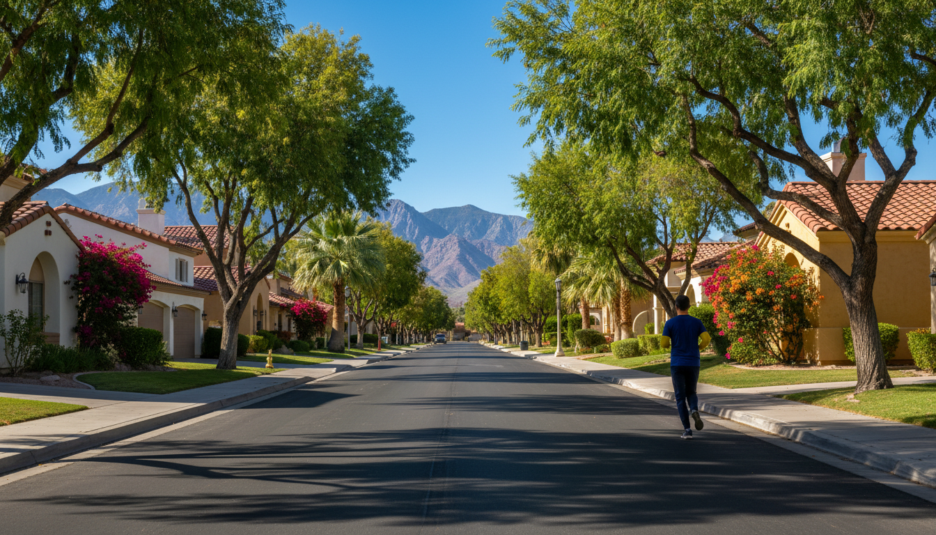 Tree-lined street in Summerlin with Spanish-style homes, a jogger passing by, mountains visible at t