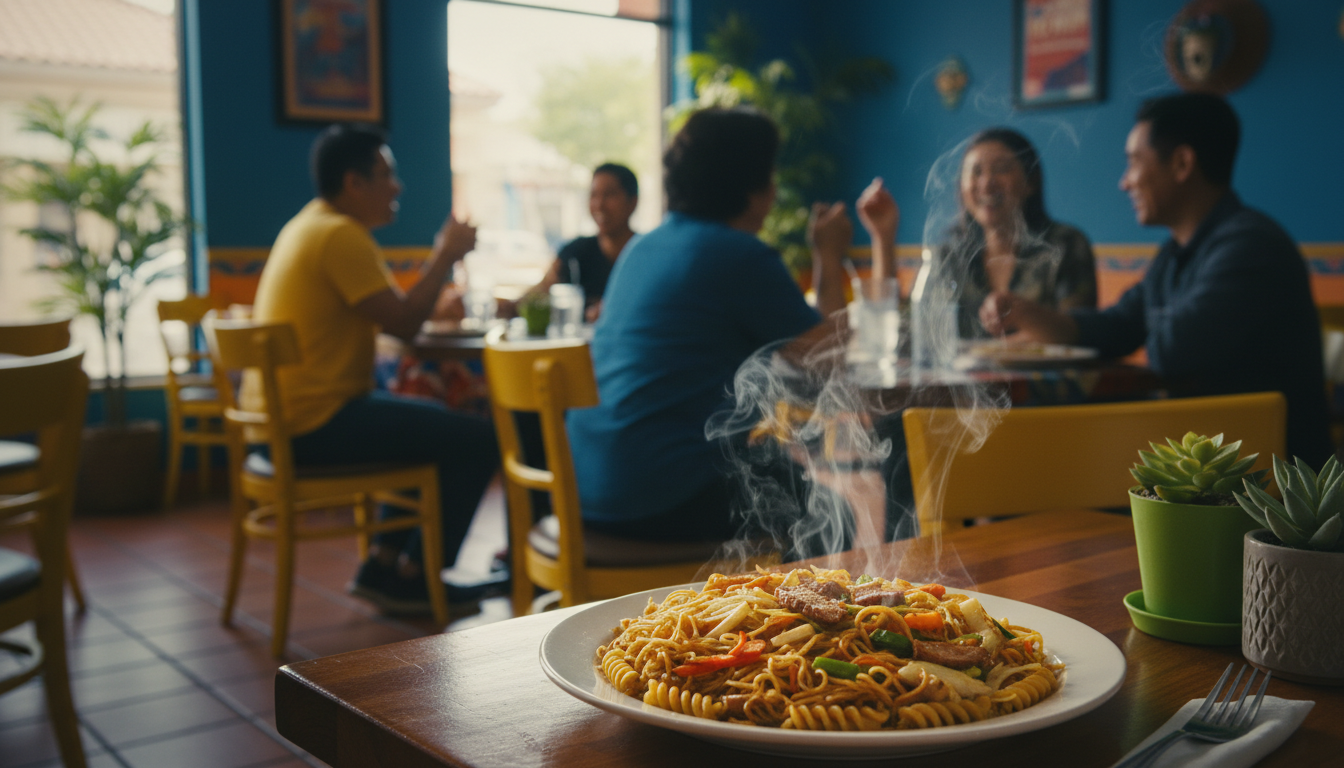 Colorful Filipino restaurant interior in a Spring Valley strip mall, steam rising from a plate of pa