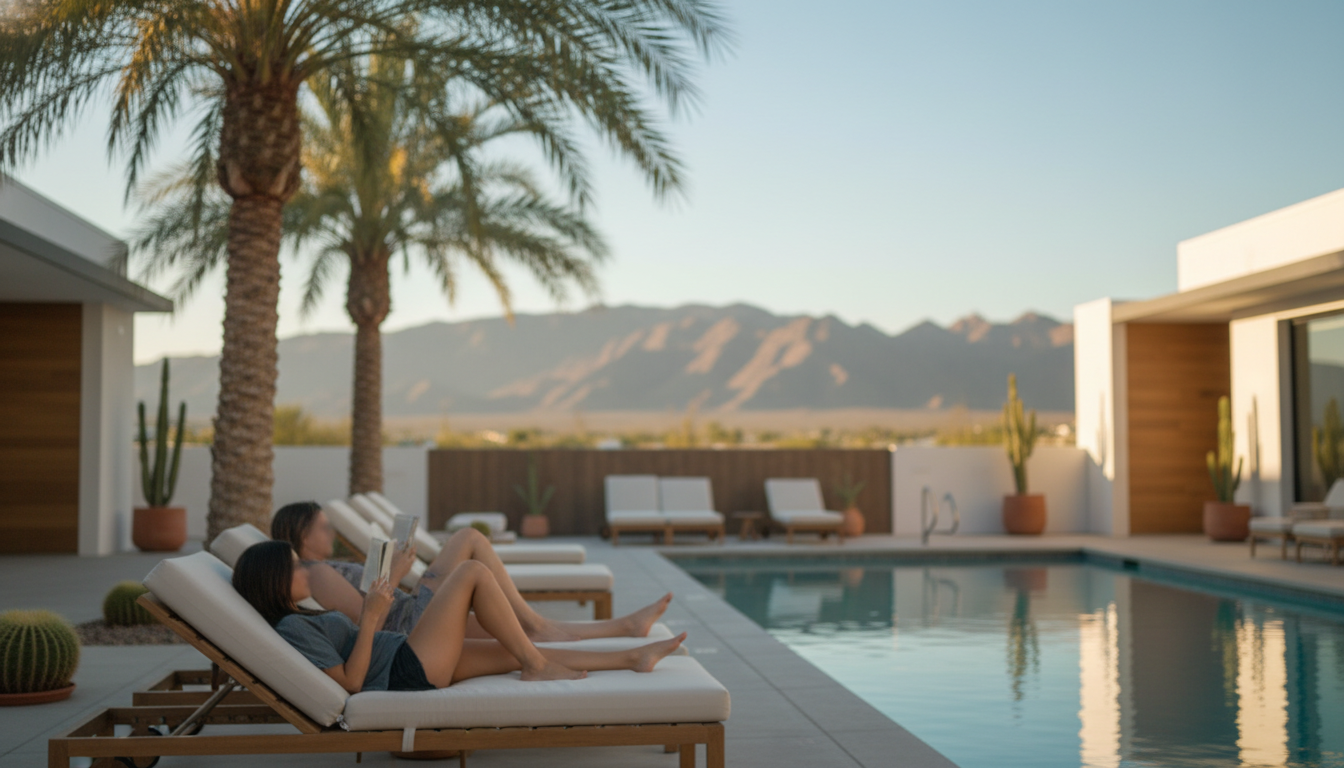 Las Vegas community pool in late afternoon, a few people lounging with books, palm trees providing s