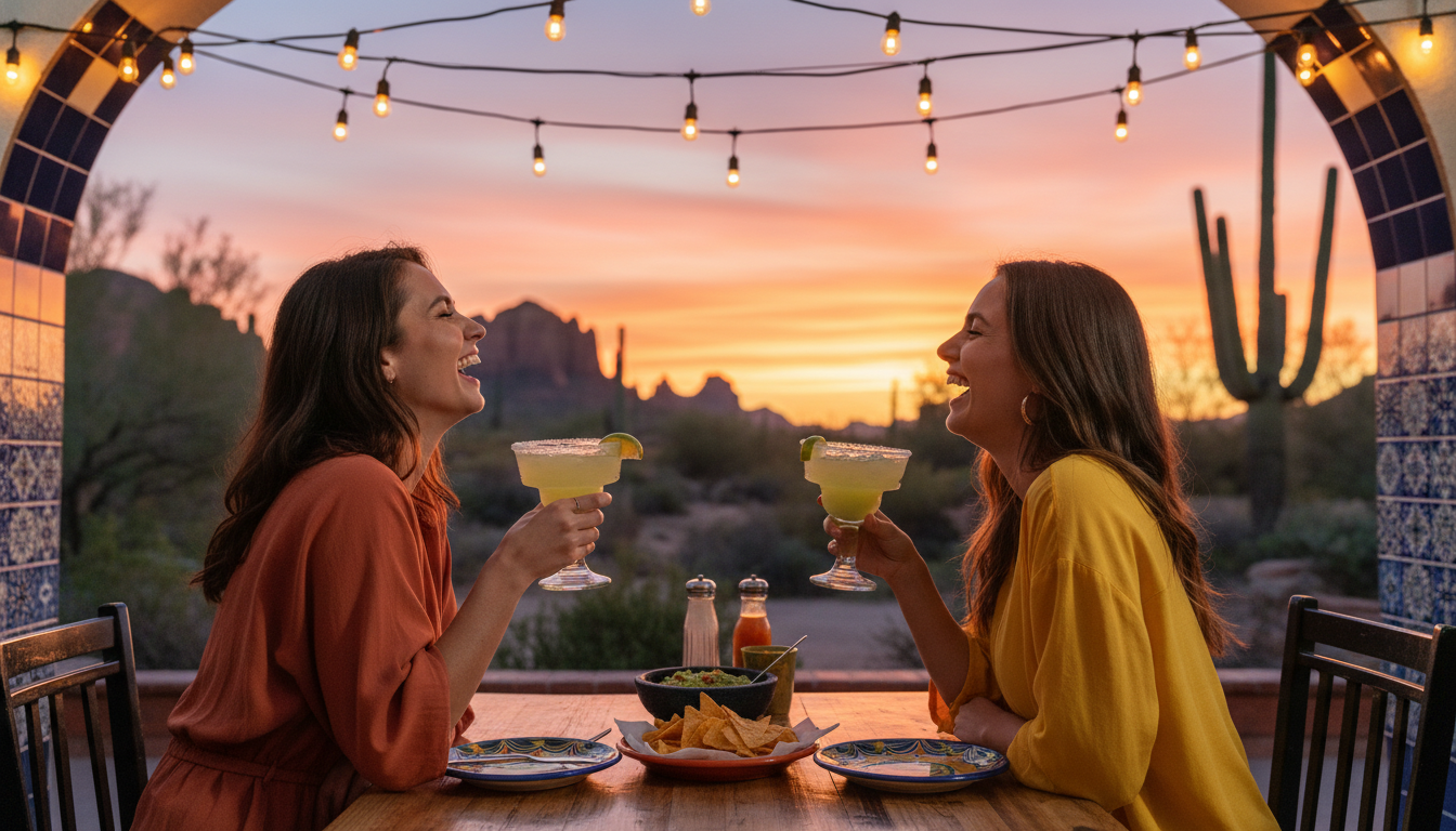 Two women laughing over margaritas at a casual Mexican restaurant patio, string lights overhead, des