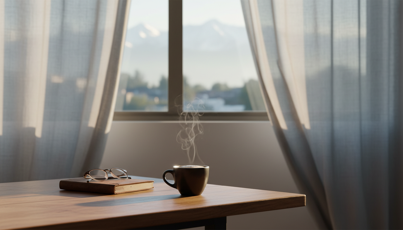 warm morning light streaming through a Santiago apartment window, espresso cup on a wooden table, vi