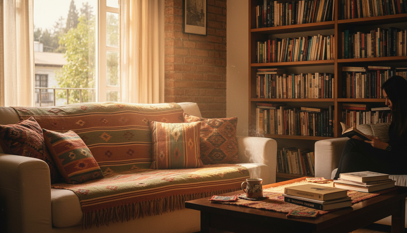 cozy living room in a Providencia apartment with exposed brick, colorful Chilean textiles on the cou