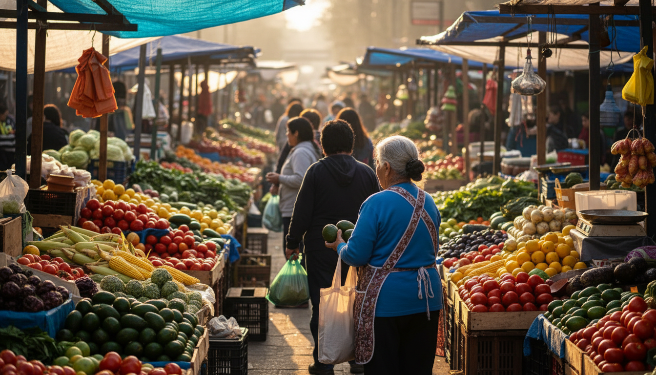 bustling weekend feria market in uoa, colorful produce stalls, elderly Chilean vendor handing avocad