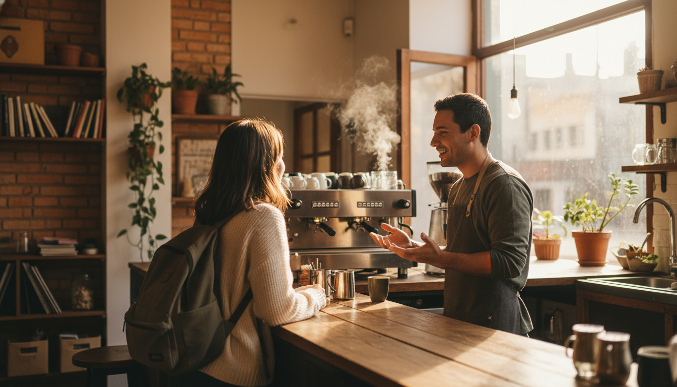 intimate caf scene in Providencia, solo traveler chatting with a local barista across a wooden count